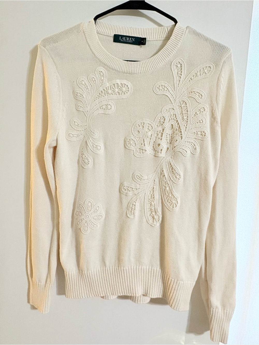 Lauren Ralph Lauren Embroidered Floral Crewneck Cotton Sweater Size Medium